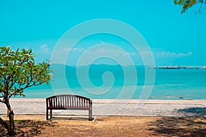 At seaside in summer ,chairs on the beach with blue sea ,blue sky backgroundÂ .Summer, Travel, Vacation and Holiday concept